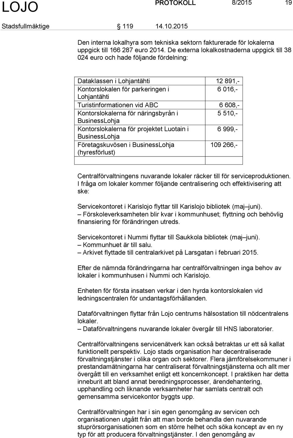 6 608,- Kontorslokalerna för näringsbyrån i 5 510,- BusinessLohja Kontorslokalerna för projektet Luotain i 6 999,- BusinessLohja Företagskuvösen i BusinessLohja 109 266,- (hyresförlust)