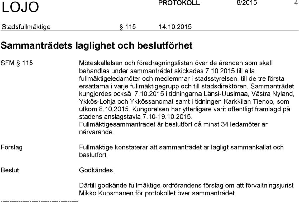 2015 till alla fullmäktigeledamöter och medlemmar i stadsstyrelsen, till de tre första ersättarna i varje fullmäktigegrupp och till stadsdirektören. Sammanträdet kungjordes också 7.10.