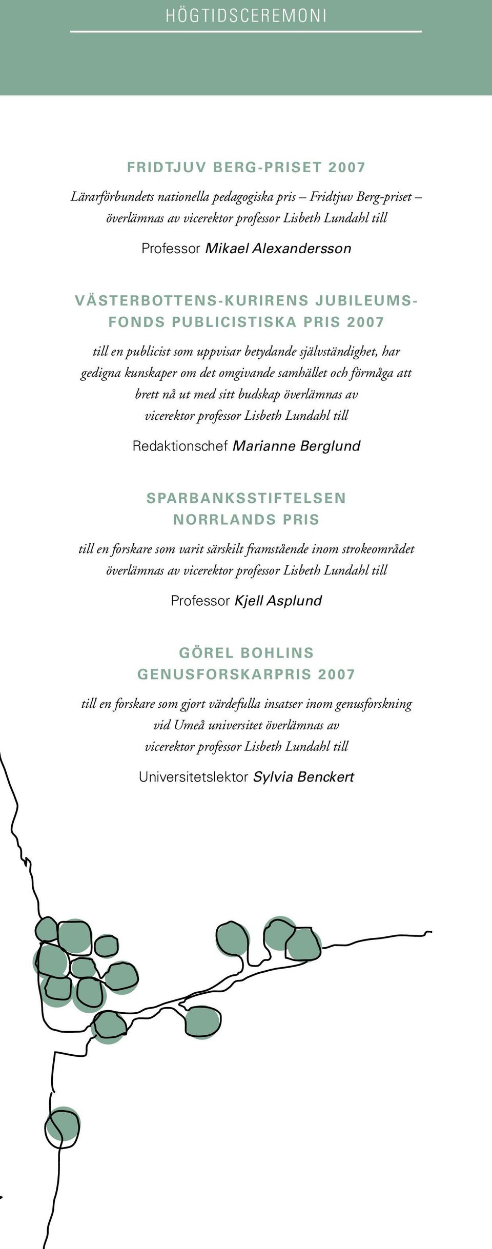 med sitt budskap överlämnas av vicerektor professor Lisbeth Lundahl till Redaktionschef Marianne Berglund Sparbanksstiftelsen Norrlands pris till en forskare som varit särskilt framstående inom