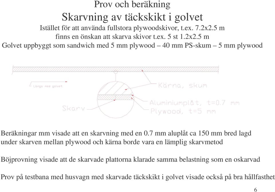 5 m Golvet uppbyggt som sandwich med 5 mm plywood 40 mm PS-skum 5 mm plywood Beräkningar mm visade att en skarvning med en 0.