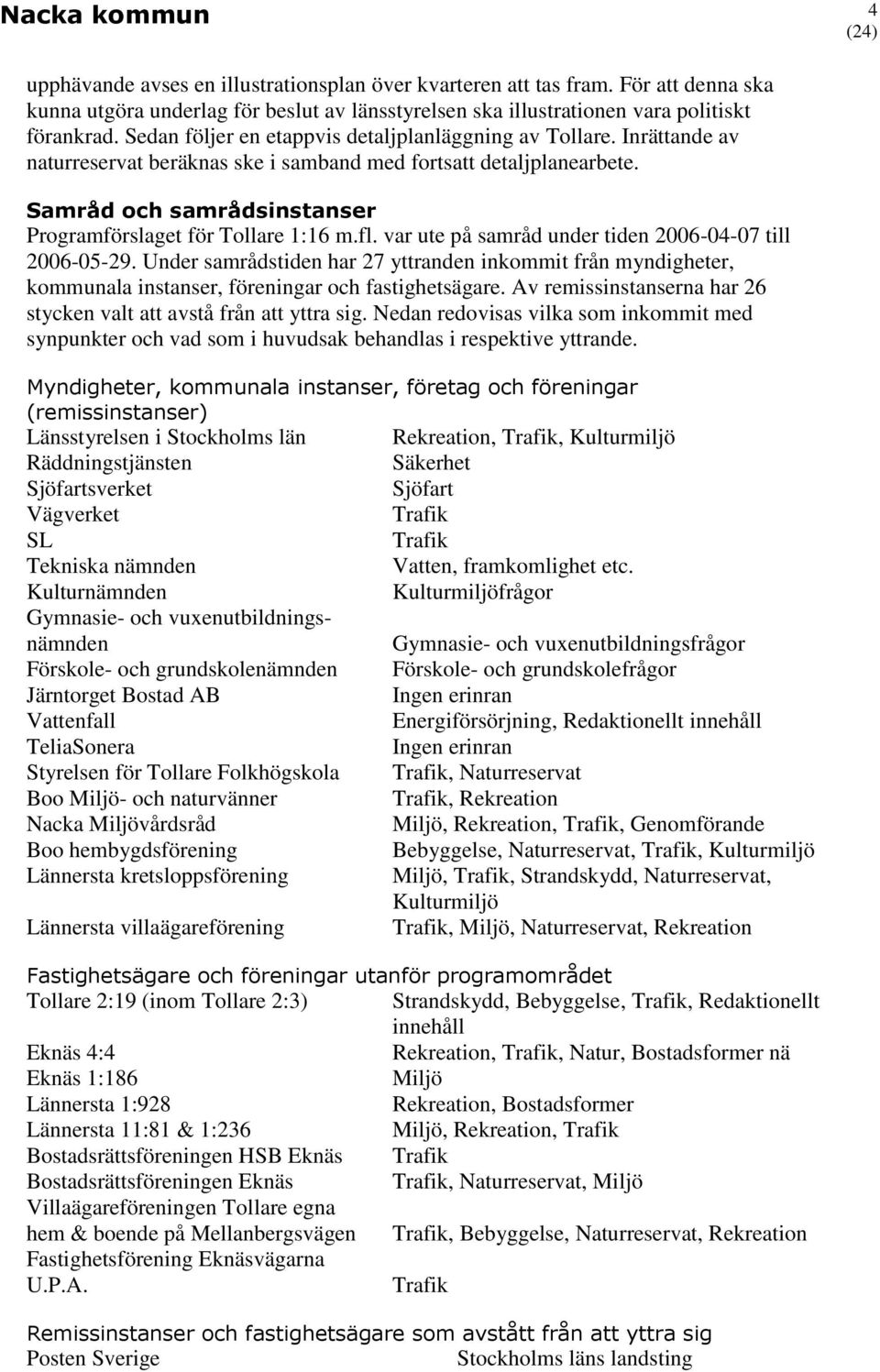 Samråd och samrådsinstanser Programförslaget för Tollare 1:16 m.fl. var ute på samråd under tiden 2006-04-07 till 2006-05-29.