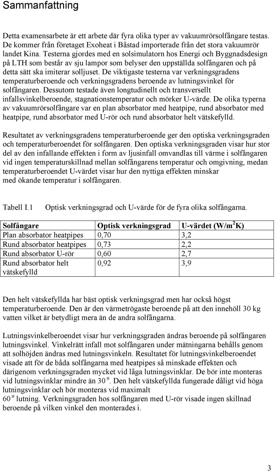 De viktigaste testerna var verkningsgradens temperaturberoende och verkningsgradens beroende av lutningsvinkel för solfångaren.