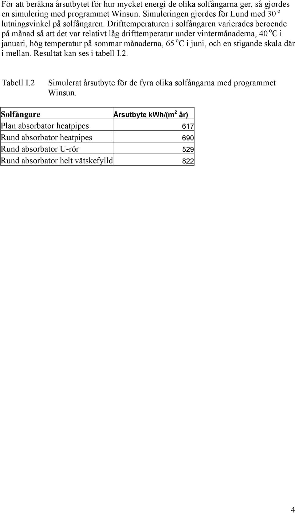 Drifttemperaturen i solfångaren varierades beroende på månad så att det var relativt låg drifttemperatur under vintermånaderna, 4 o C i januari, hög temperatur på sommar