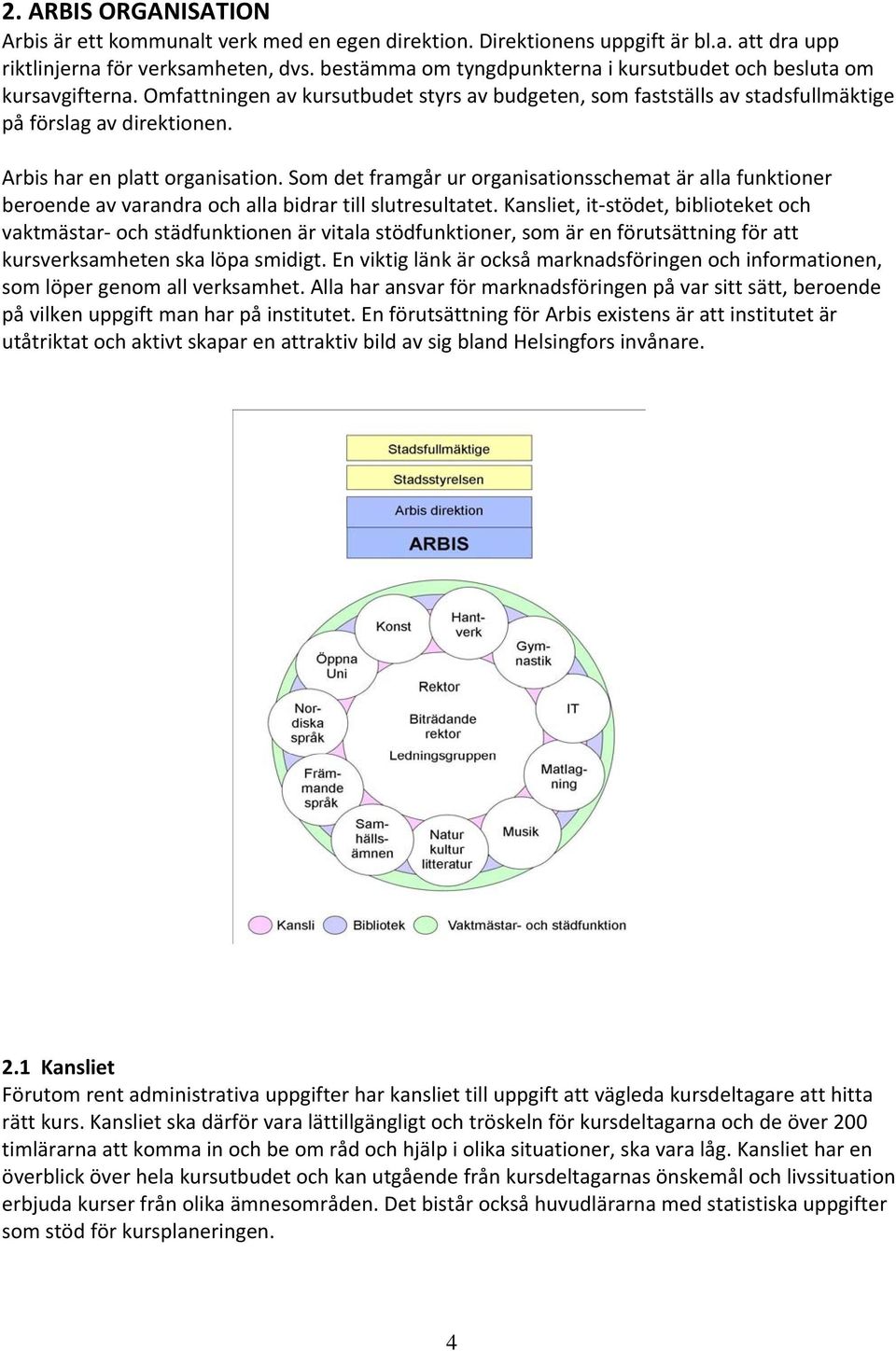 Arbis har en platt organisation. Som det framgår ur organisationsschemat är alla funktioner beroende av varandra och alla bidrar till slutresultatet.