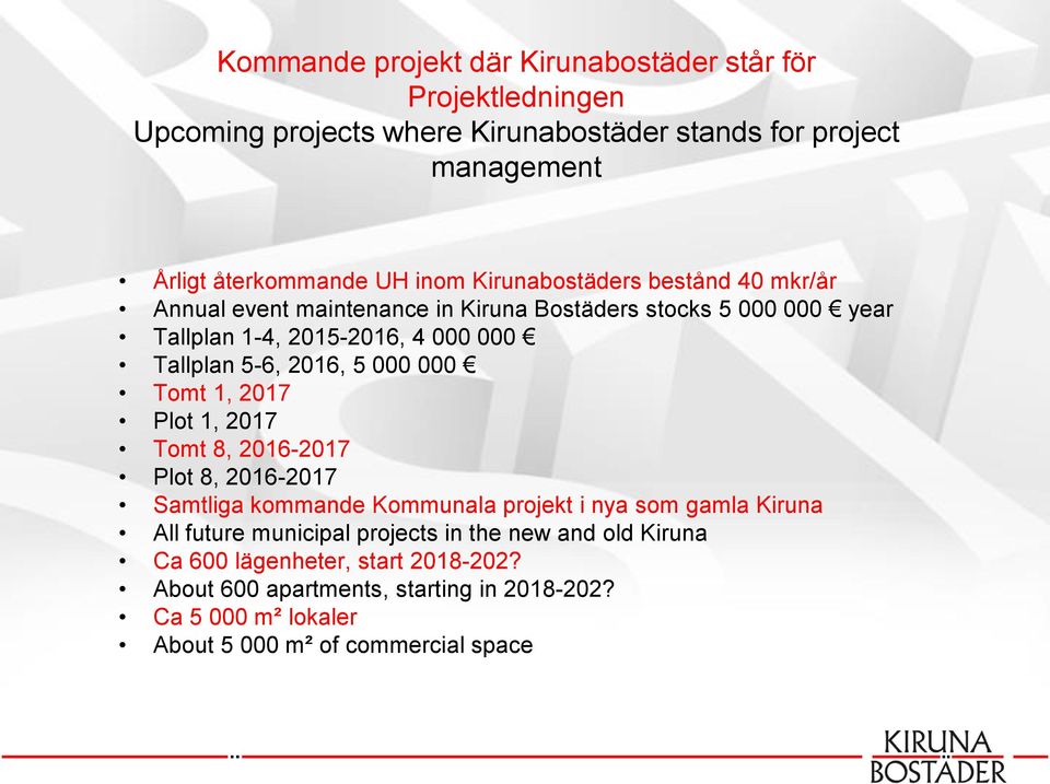 000 000 Tomt 1, 2017 Plot 1, 2017 Tomt 8, 2016-2017 Plot 8, 2016-2017 Samtliga kommande Kommunala projekt i nya som gamla Kiruna All future municipal projects