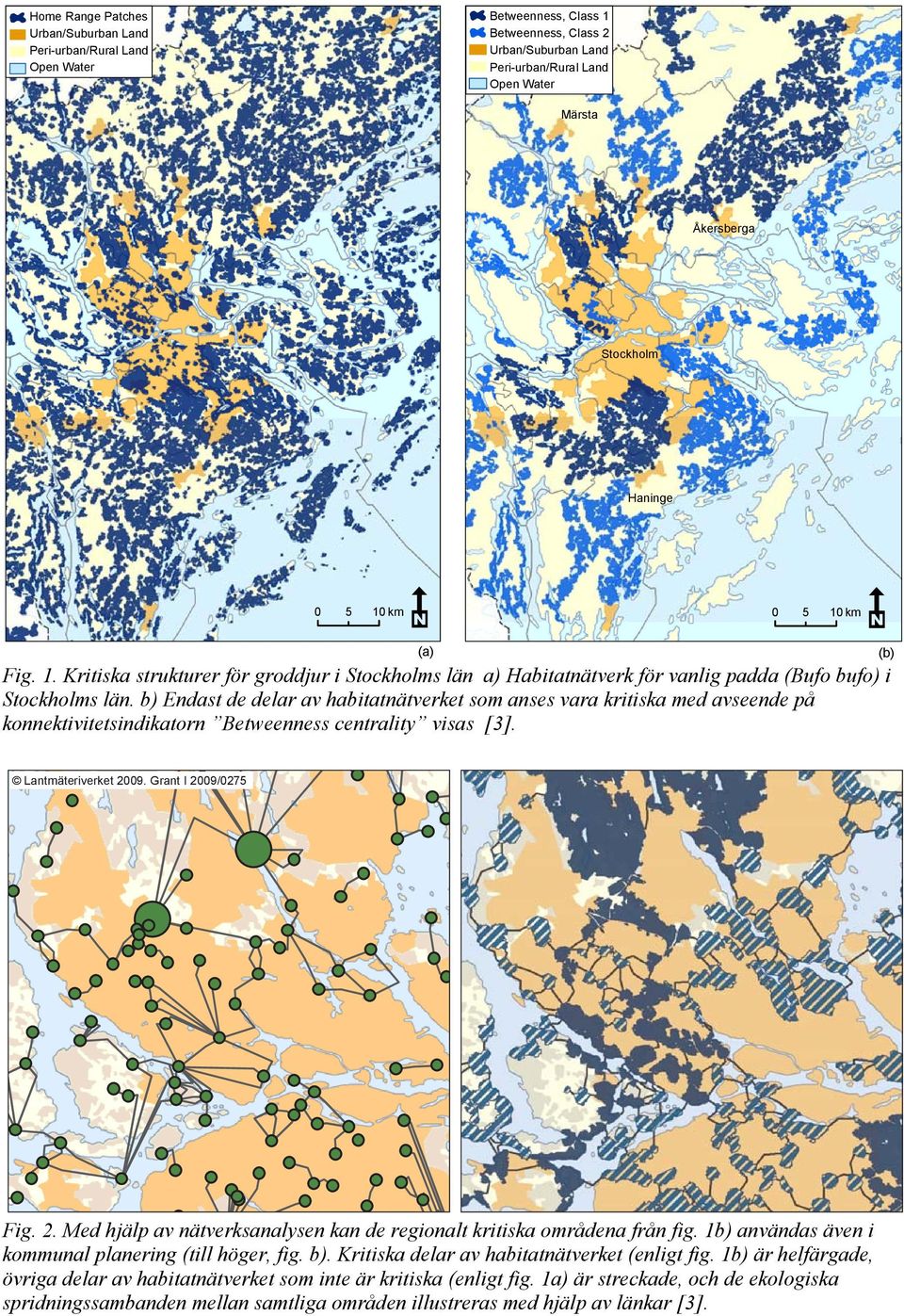 b) Endast de delar av habitatnätverket som anses vara kritiska med avseende på konnektivitetsindikatorn Betweenness centrality visas [3]. (b) Lantmäteriverket 20