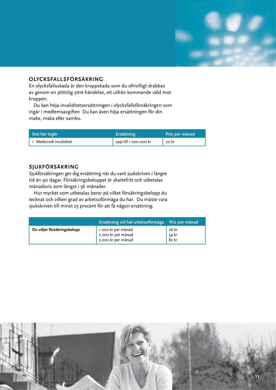 Det här ingår Ersättning Pris per månad Medicinsk invaliditet upp till 1 000 000 kr 20 kr SJUKFÖRSÄKRING Sjukförsäkringen ger dig ersättning när du varit sjukskriven i längre tid än 90 dagar.