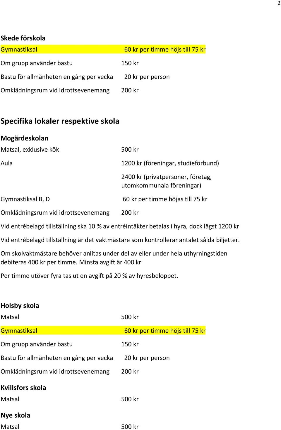 höjas till 75 kr Vid entrébelagd tillställning ska 10 % av entréintäkter betalas i hyra, dock lägst