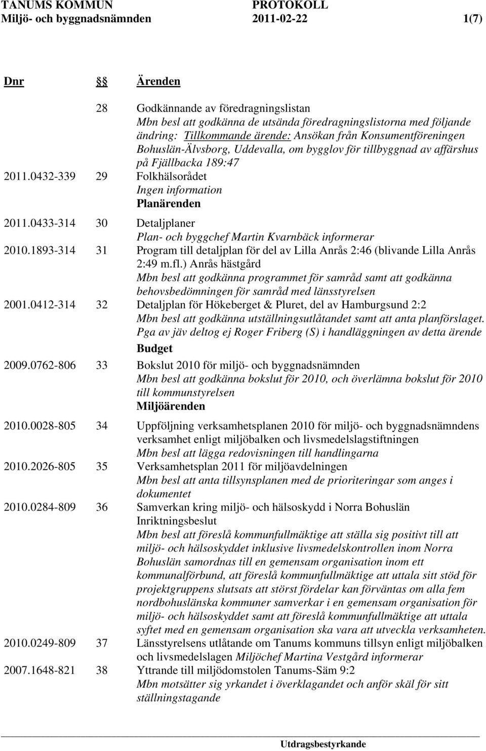 0433-314 30 Detaljplaner Plan- och byggchef Martin Kvarnbäck informerar 2010.1893-314 31 Program till detaljplan för del av Lilla Anrås 2:46 (blivande Lilla Anrås 2:49 m.fl.