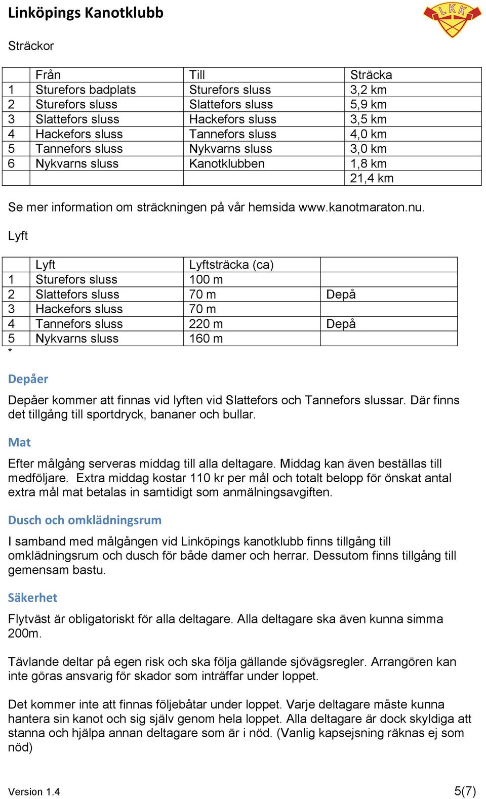 Lyft Lyft Lyftsträcka (ca) 1 Sturefors sluss 100 m 2 Slattefors sluss 70 m Depå 3 Hackefors sluss 70 m Tannefors sluss 220 m Depå Nykvarns sluss 160 m * Depåer Depåer kommer att finnas vid lyften vid