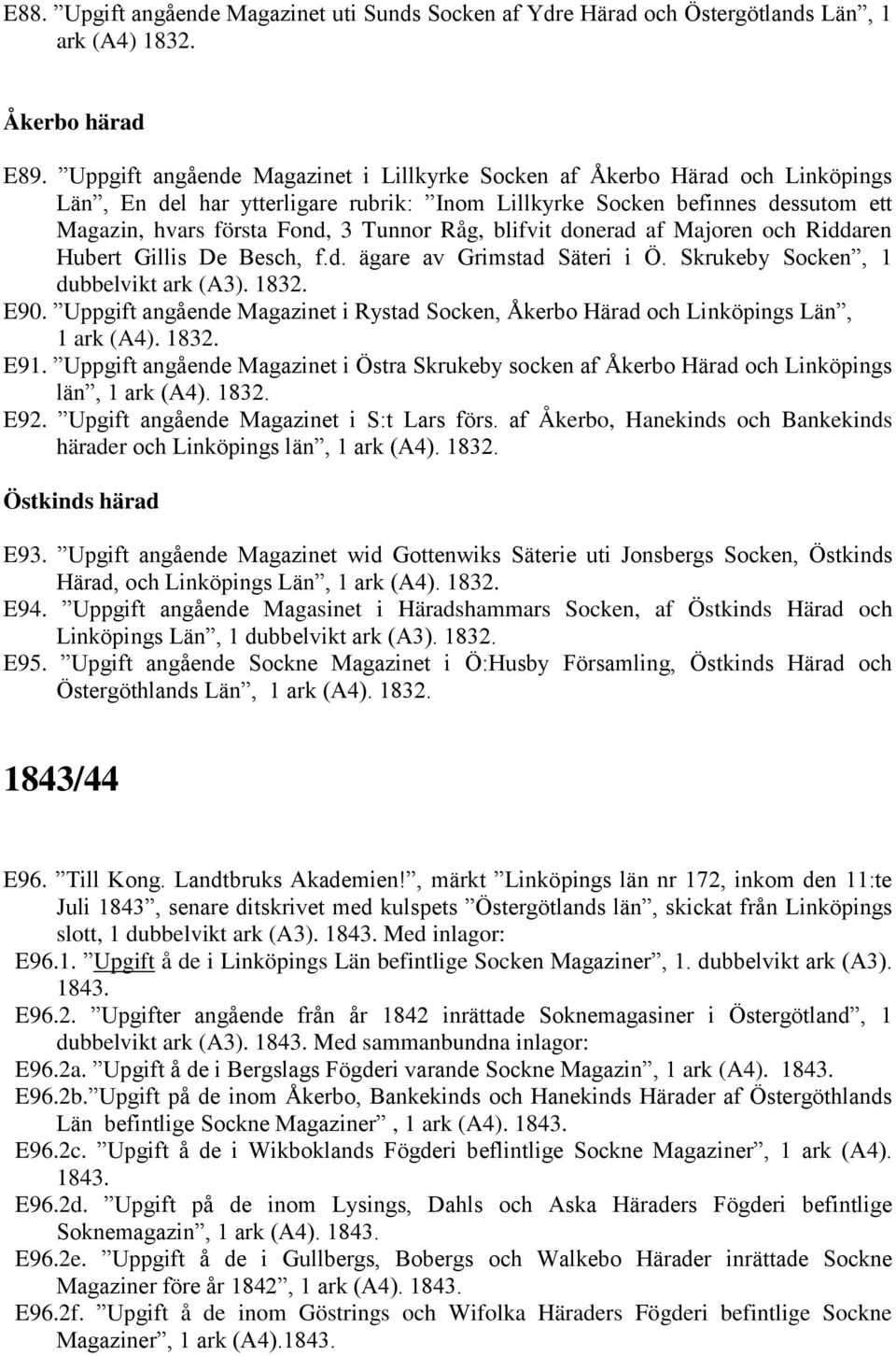 blifvit donerad af Majoren och Riddaren Hubert Gillis De Besch, f.d. ägare av Grimstad Säteri i Ö. Skrukeby Socken, 1 dubbelvikt ark (A3). 1832. E90.