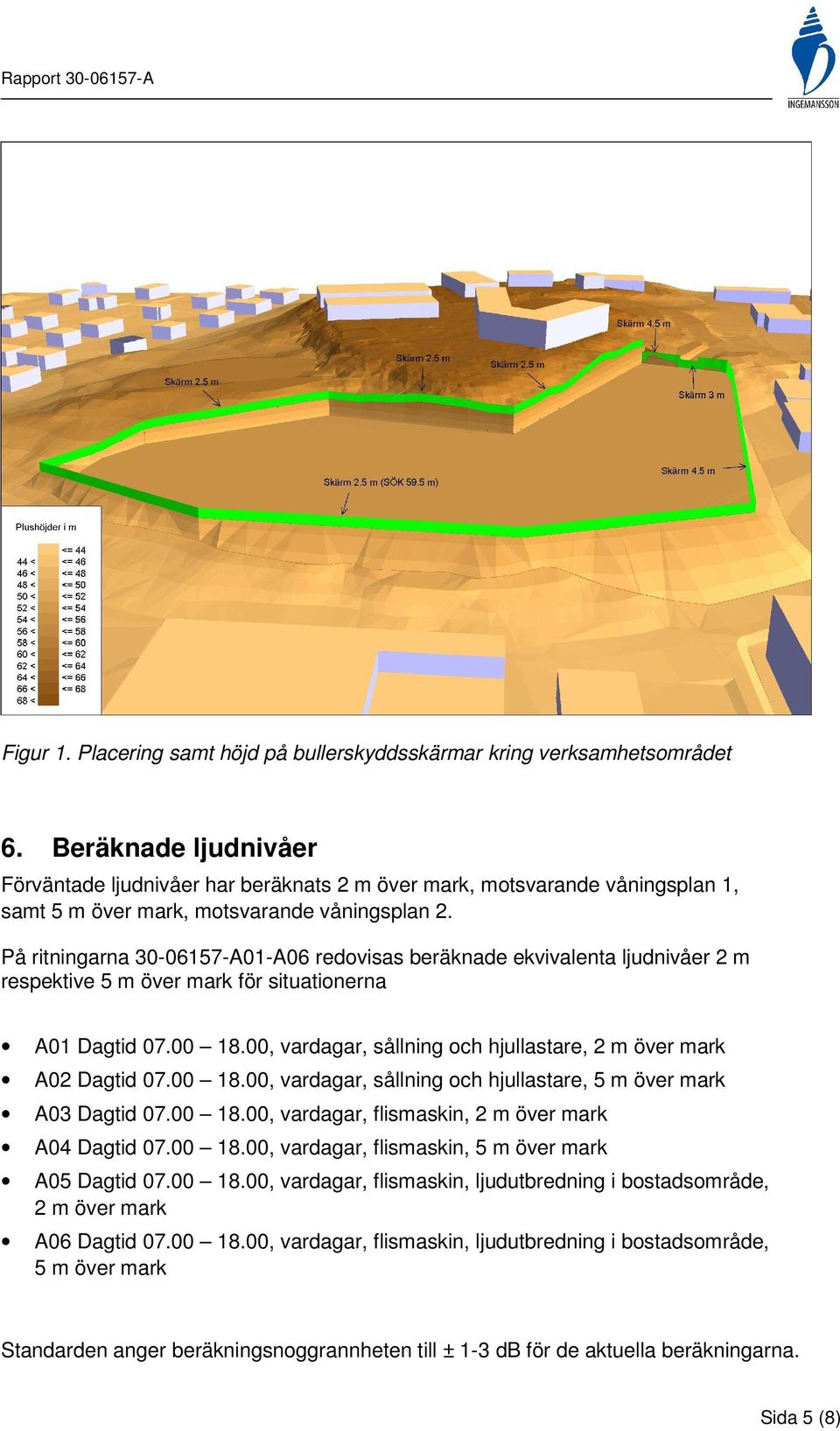 På ritningarna 3006157A01A06 redovisas beräknade ekvivalenta ljudnivåer 2 m respektive 5 m över mark för situationerna A01 Dagtid 07.00 18.