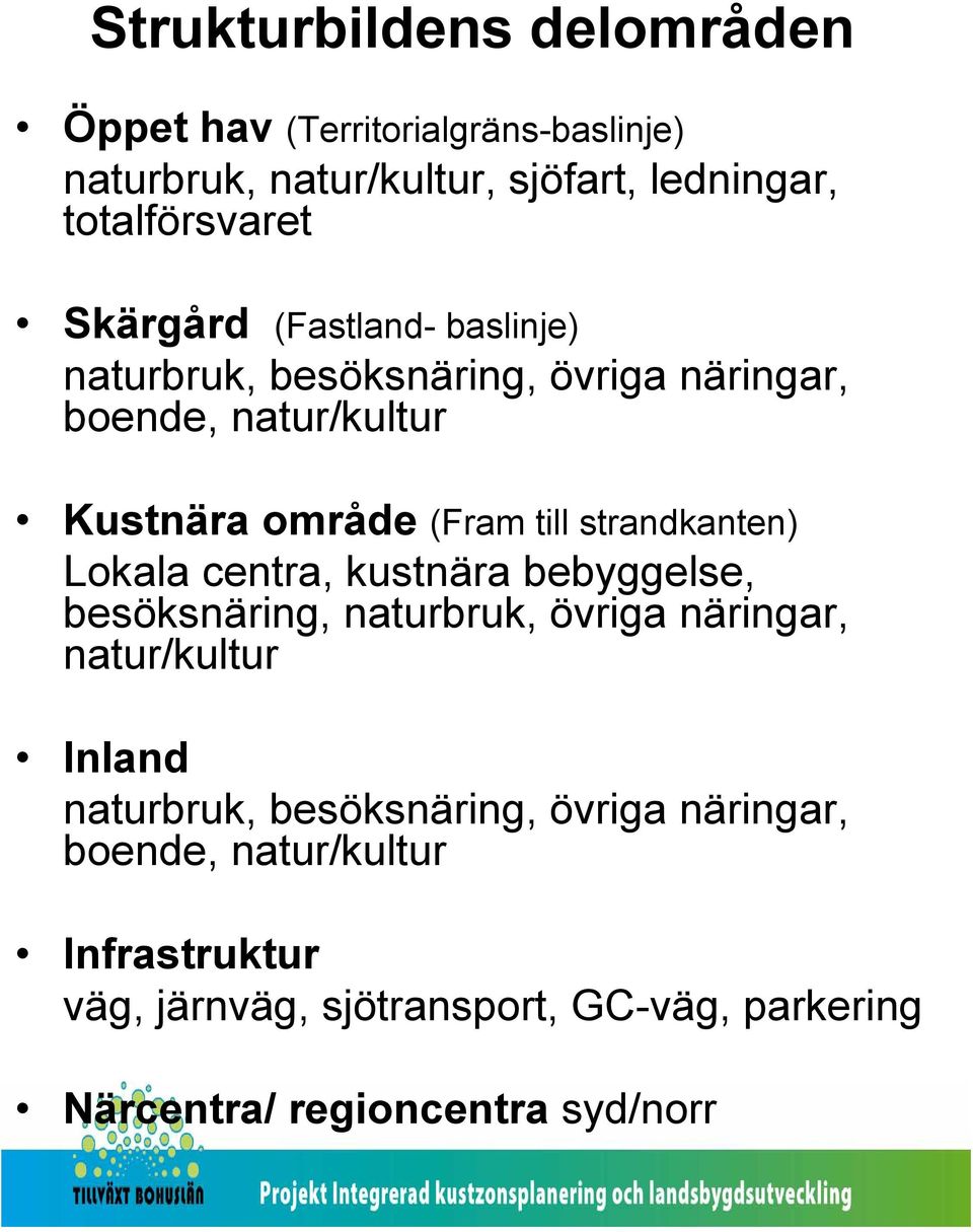 strandkanten) Lokala centra, kustnära bebyggelse, besöksnäring, naturbruk, övriga näringar, natur/kultur Inland naturbruk,