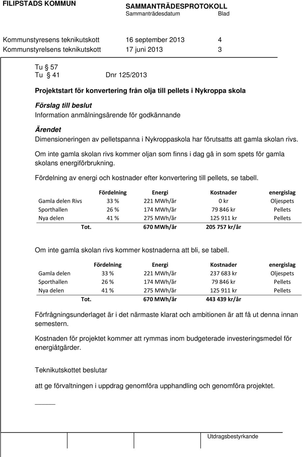 Om inte gamla skolan rivs kommer oljan som finns i dag gå in som spets för gamla skolans energiförbrukning. Fördelning av energi och kostnader efter konvertering till pellets, se tabell.