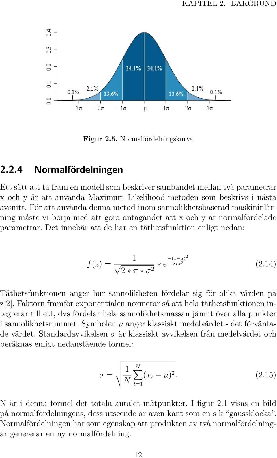 Det innebär att de har en täthetsfunktion enligt nedan: f(z) = 1 2 π σ 2 e (z µ)2 2 σ 2 (2.14) Täthetsfunktionen anger hur sannolikheten fördelar sig för olika värden på z[2].