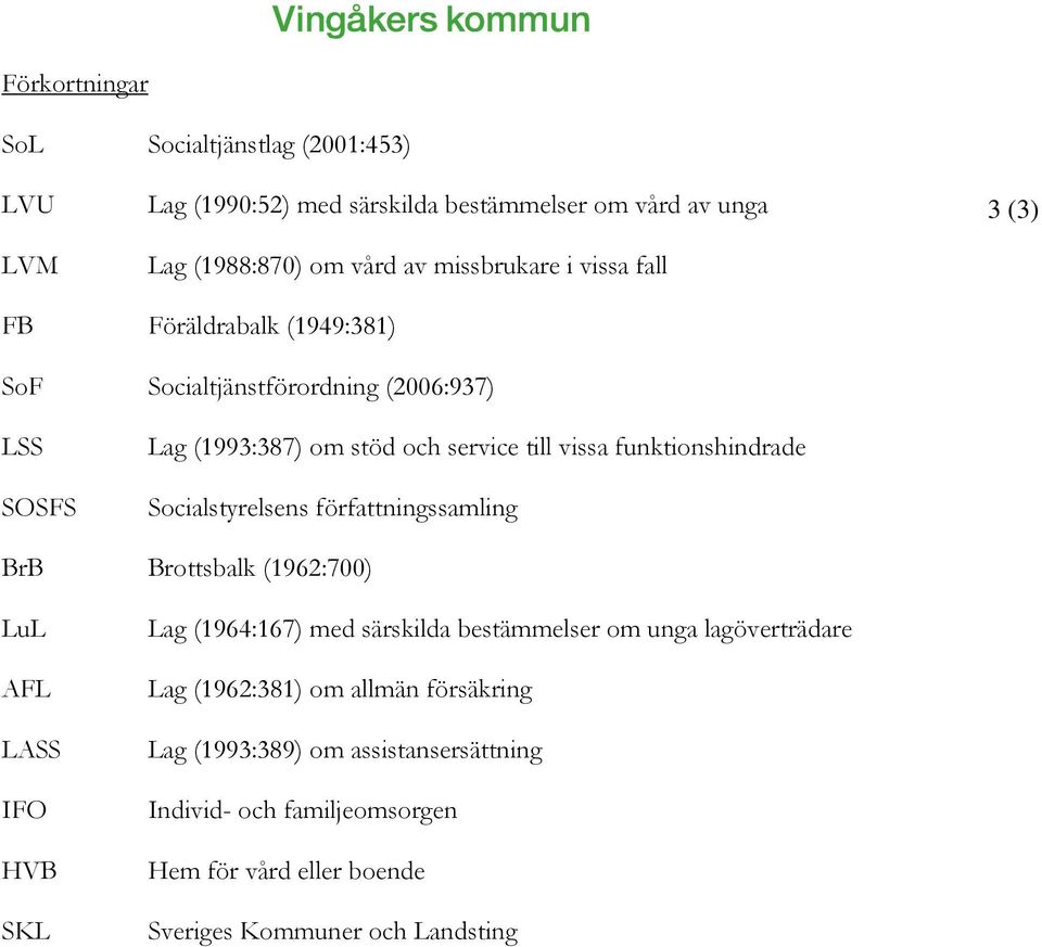 funktionshindrade Socialstyrelsens författningssamling BrB Brottsbalk (1962:700) LuL AFL LASS IFO HVB SKL Lag (1964:167) med särskilda bestämmelser om