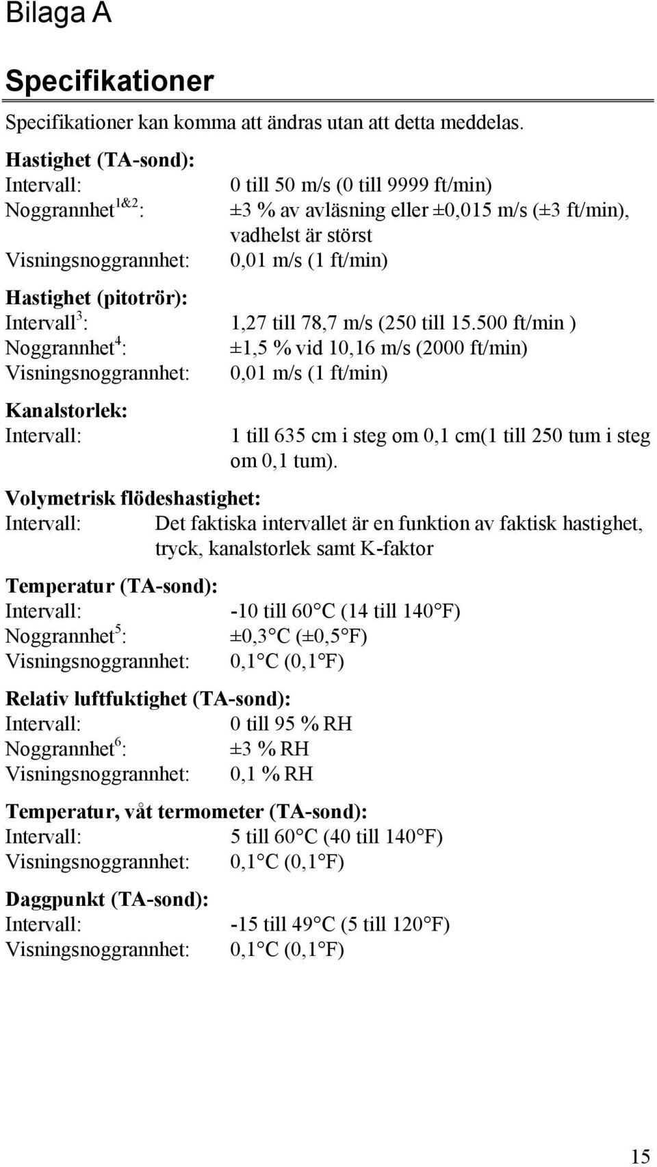Hastighet (pitotrör): Intervall 3 : 1,27 till 78,7 m/s (250 till 15.