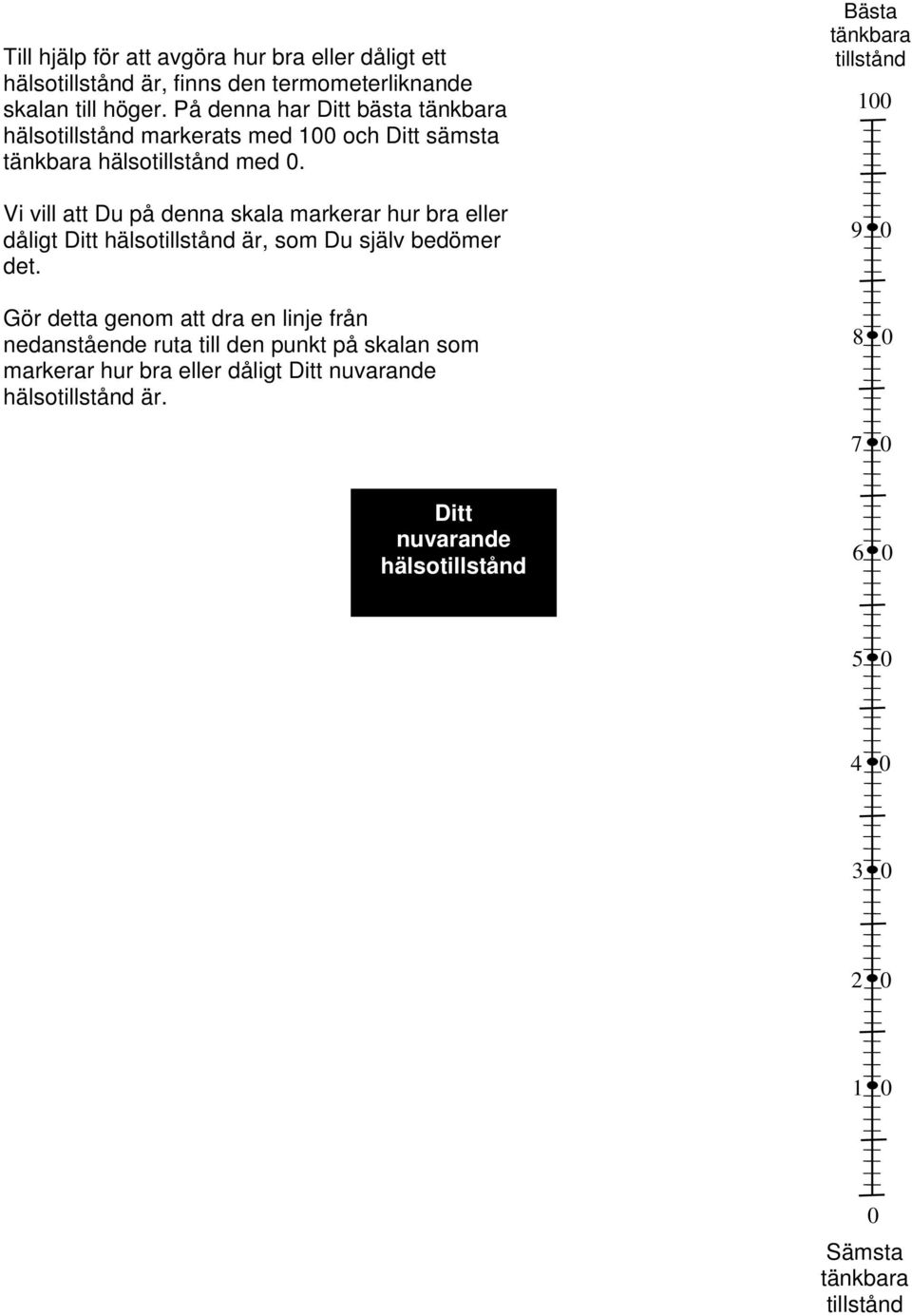 Vi vill att Du på denna skala markerar hur bra eller dåligt Ditt hälsotillstånd är, som Du själv bedömer det.