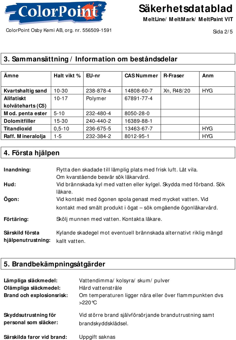 kolväteharts (C5) Mod. penta ester 5-10 232-480-4 8050-28-0 Dolomitfiller 15-30 240-440-2 16389-88-1 Titandioxid 0,5-10 236-675-5 13463-67-7 HYG Raff. Mineralolja 1-5 232-384-2 8012-95-1 HYG 4.