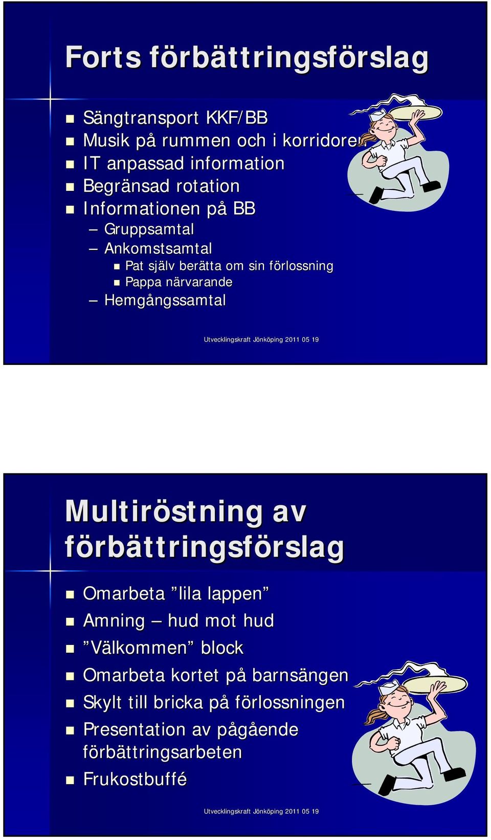 närvaranden Hemgångssamtal Multiröstning av förbättringsförslagrslag Omarbeta lila lappen Amning hud mot hud Välkommen