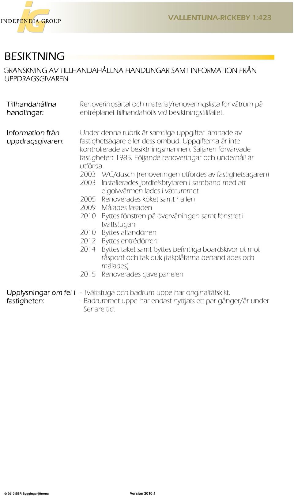 Uppgifterna är inte kontrollerade av besiktningsmannen. Säljaren förvärvade fastigheten 1985. Följande renoveringar och underhåll är utförda.