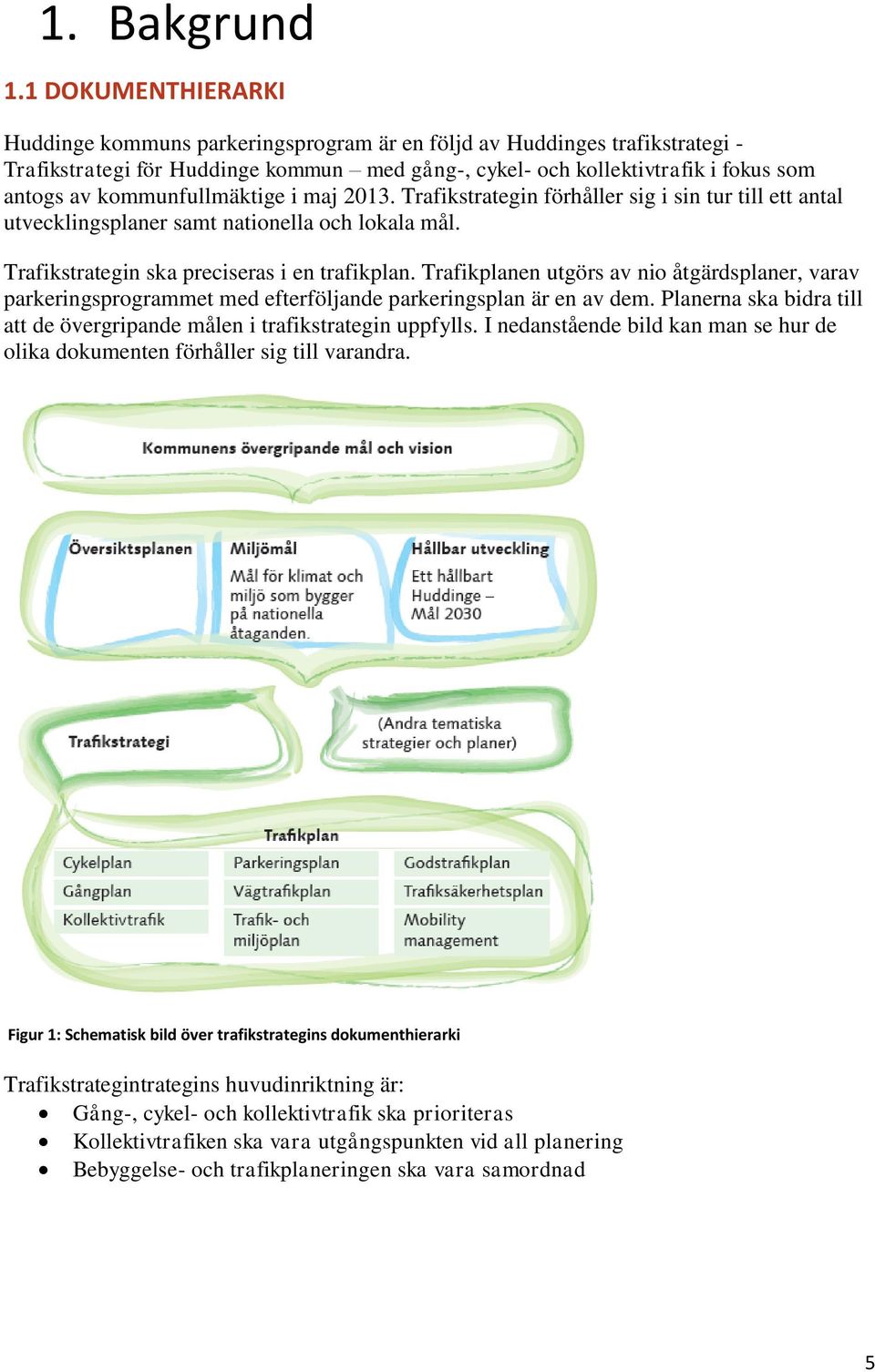 kommunfullmäktige i maj 2013. Trafikstrategin förhåller sig i sin tur till ett antal utvecklingsplaner samt nationella och lokala mål. Trafikstrategin ska preciseras i en trafikplan.