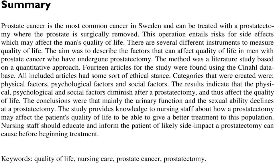 The aim was to describe the factors that can affect quality of life in men with prostate cancer who have undergone prostatectomy. The method was a literature study based on a quantitative approach.