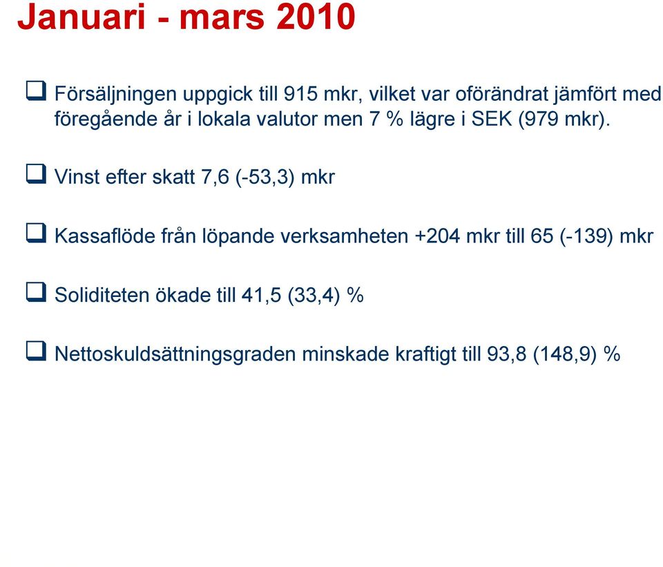 Vinst efter skatt 7,6 (-53,3) mkr Kassaflöde från löpande verksamheten +204 mkr till 65