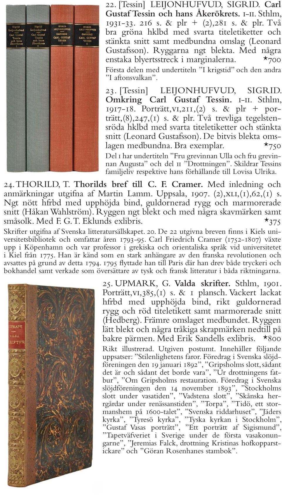 *700 Första delen med undertiteln I krigstid och den andra I aftonsvalkan. 23. [Tessin] LEIJONHUFVUD, SIGRID. Omkring Carl Gustaf Tessin. i-ii. Sthlm, 1917-18. Porträtt,vi,211,(2) s.