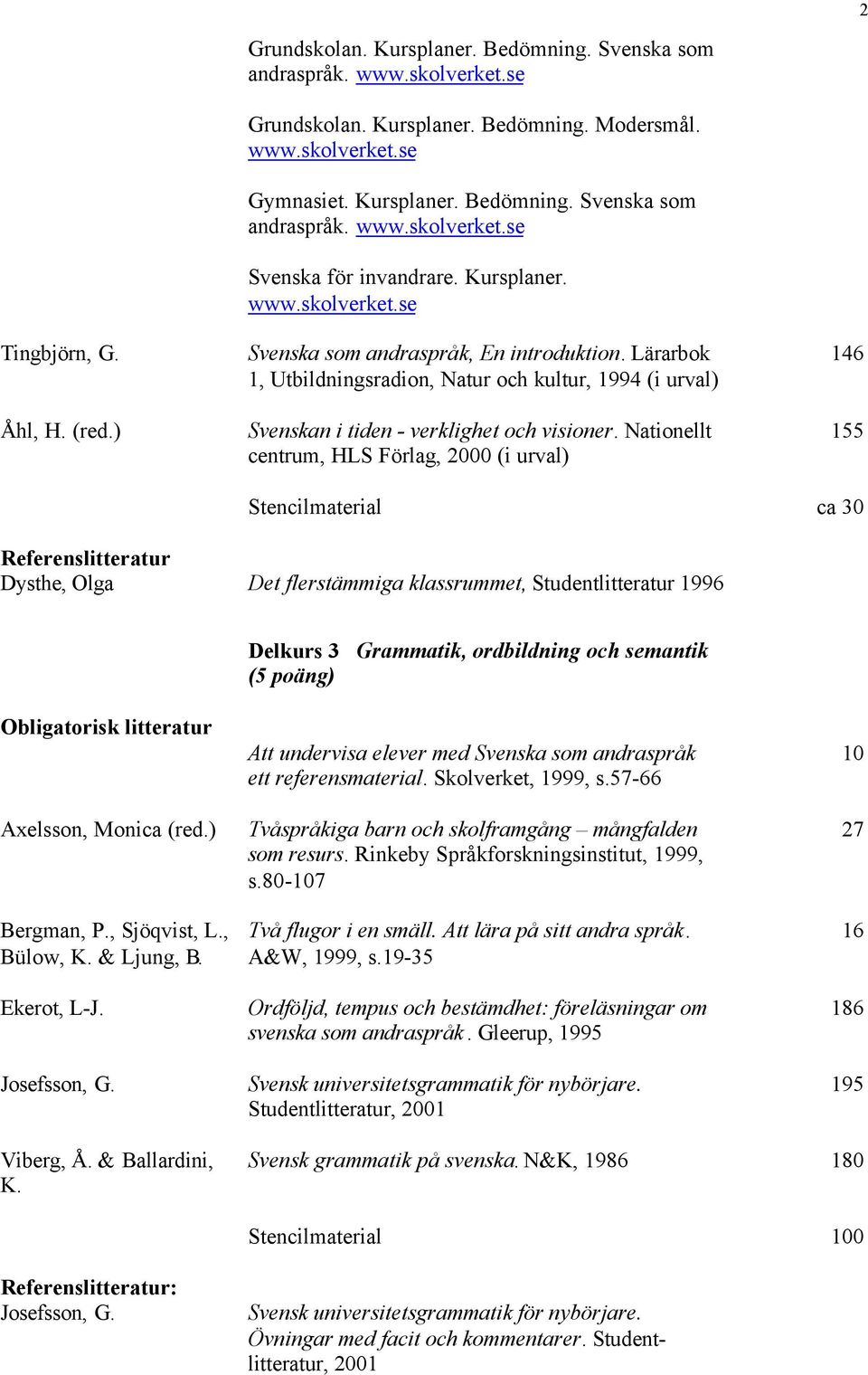 Nationellt centrum, HLS Förlag, 2000 (i urval) 146 155 Stencilmaterial ca 30 Referenslitteratur Dysthe, Olga Det flerstämmiga klassrummet, Studentlitteratur 1996 Delkurs 3 Grammatik, ordbildning och