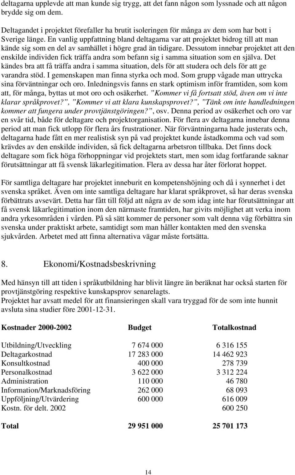 En vanlig uppfattning bland deltagarna var att projektet bidrog till att man kände sig som en del av samhället i högre grad än tidigare.