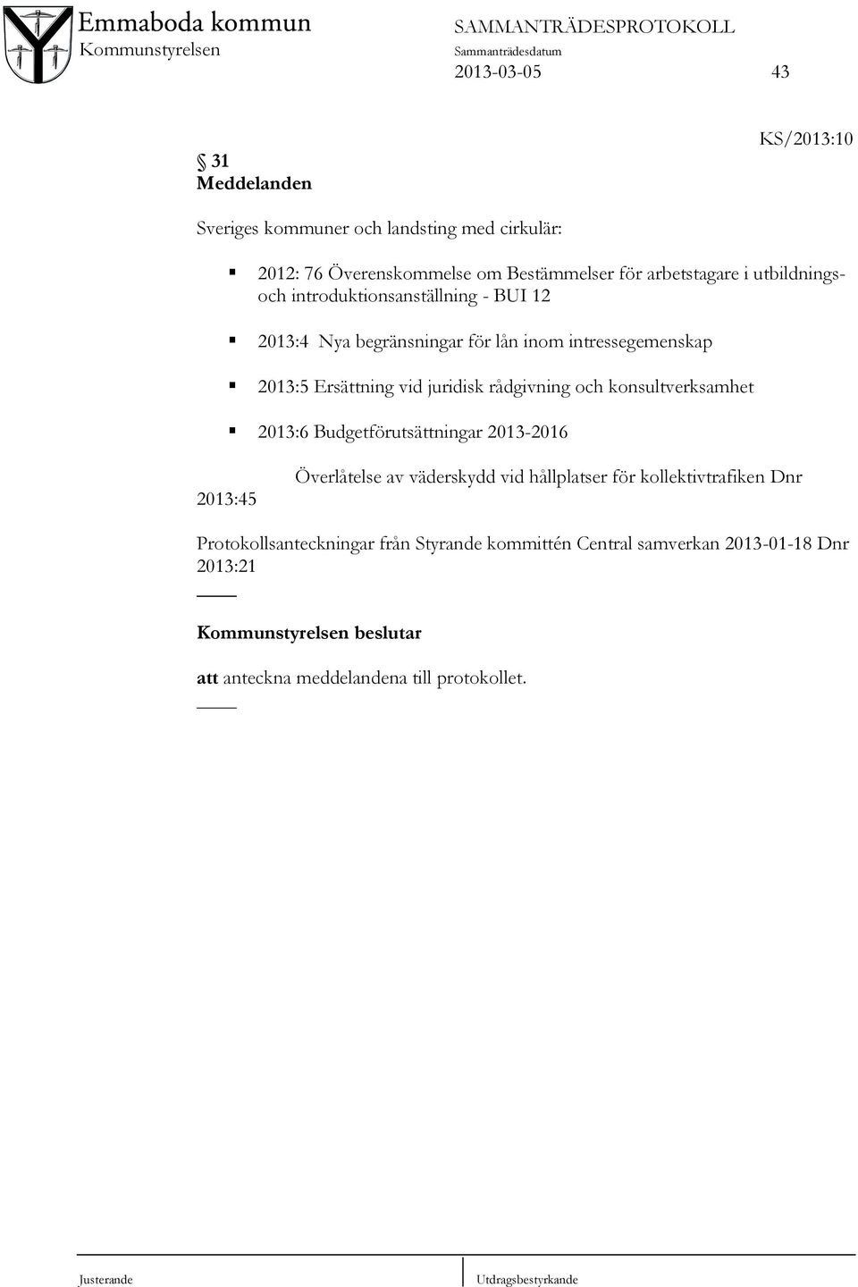 och konsultverksamhet 2013:6 Budgetförutsättningar 2013-2016 2013:45 Överlåtelse av väderskydd vid hållplatser för kollektivtrafiken Dnr