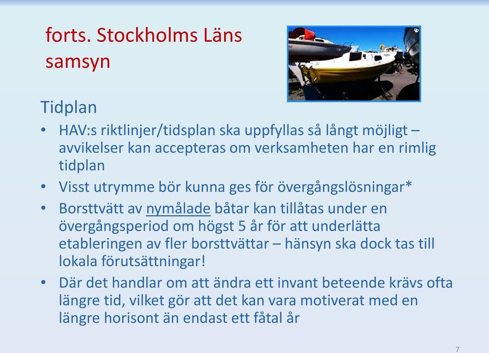 rimlig tidplan Visst utrymme bör kunna ges för övergångslösningar* Borsttvätt av nymålade båtar kan tillåtas under en övergångsperiod om