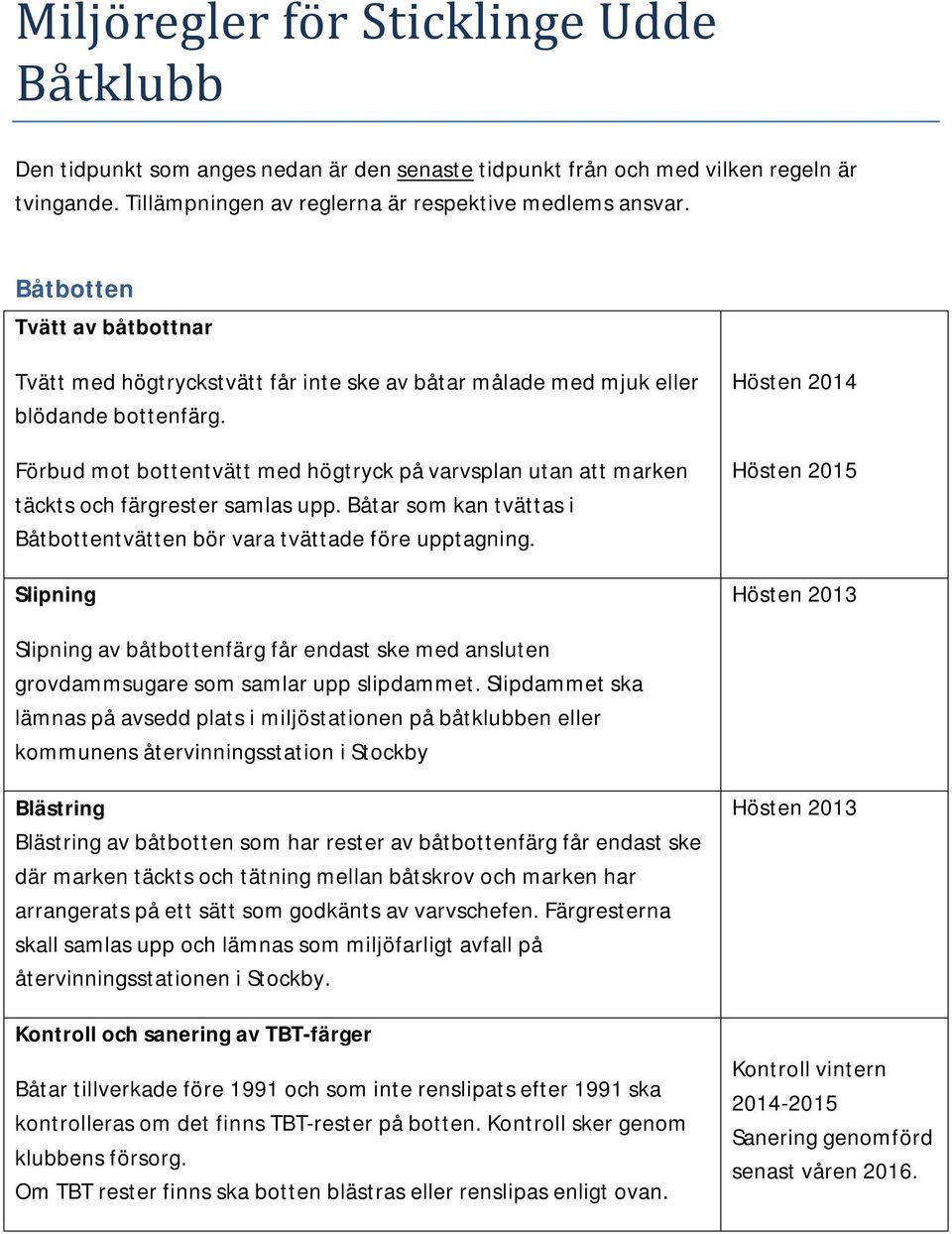 Förbud mot bottentvätt med högtryck på varvsplan utan att marken täckts och färgrester samlas upp. Båtar som kan tvättas i Båtbottentvätten bör vara tvättade före upptagning.