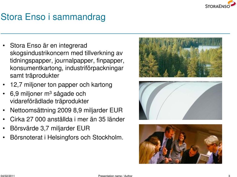 kartong 6,9 miljoner m 3 sågade och vidareförädlade träprodukter Nettoomsättning 2009 8,9 miljarder EUR Cirka 27 000