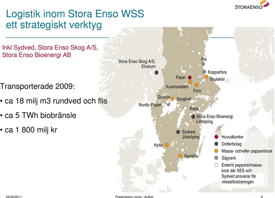 Skoghall Fors Aspa Sydved, Jönköping Nymölla Ala Kopparfors Skutskär Stora Enso Bioenergi, Linköping Huvudkontor Dotterbolag Massa-