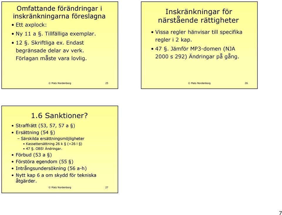 Jämför MP3-domen (NJA 2000 s 292) Ändringar på gång. Mats Nordenborg 25 Mats Nordenborg 26 1.6 Sanktioner?