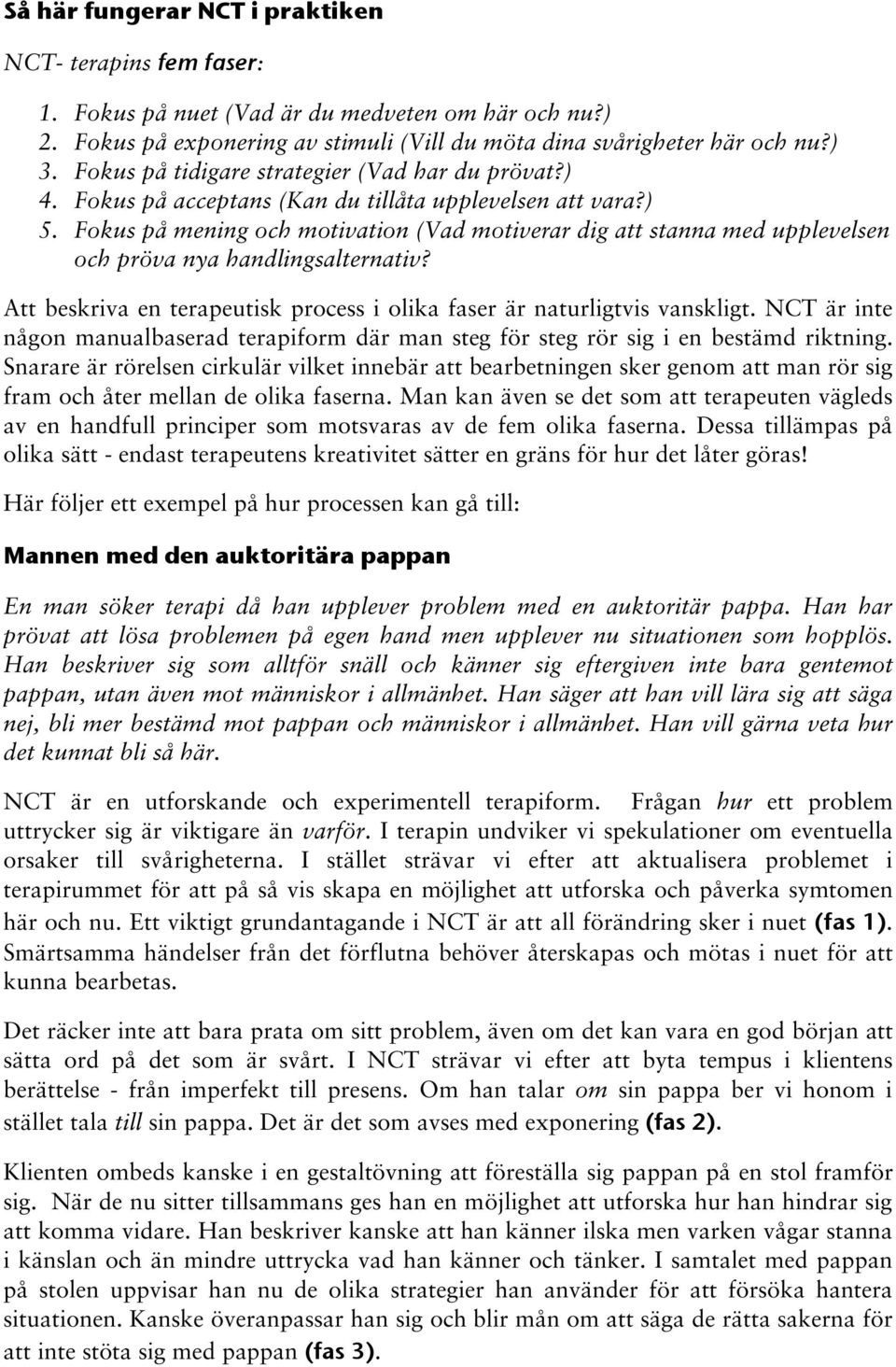 Fokus på mening och motivation (Vad motiverar dig att stanna med upplevelsen och pröva nya handlingsalternativ? Att beskriva en terapeutisk process i olika faser är naturligtvis vanskligt.