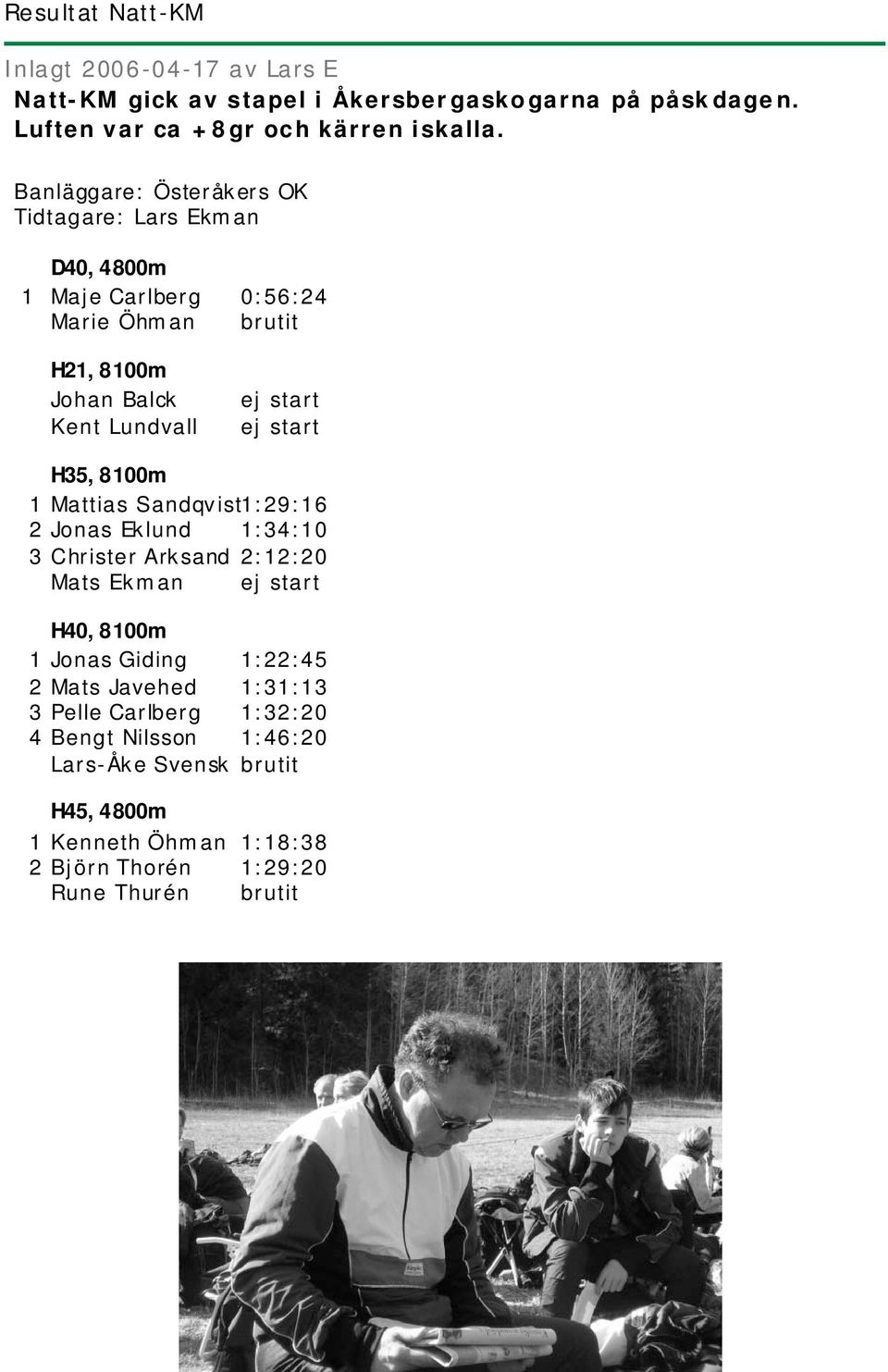 start H35, 8100m 1 Mattias Sandqvist1:29:16 2 Jonas Eklund 1:34:10 3 Christer Arksand 2:12:20 Mats Ekman ej start H40, 8100m 1 Jonas Giding 1:22:45 2