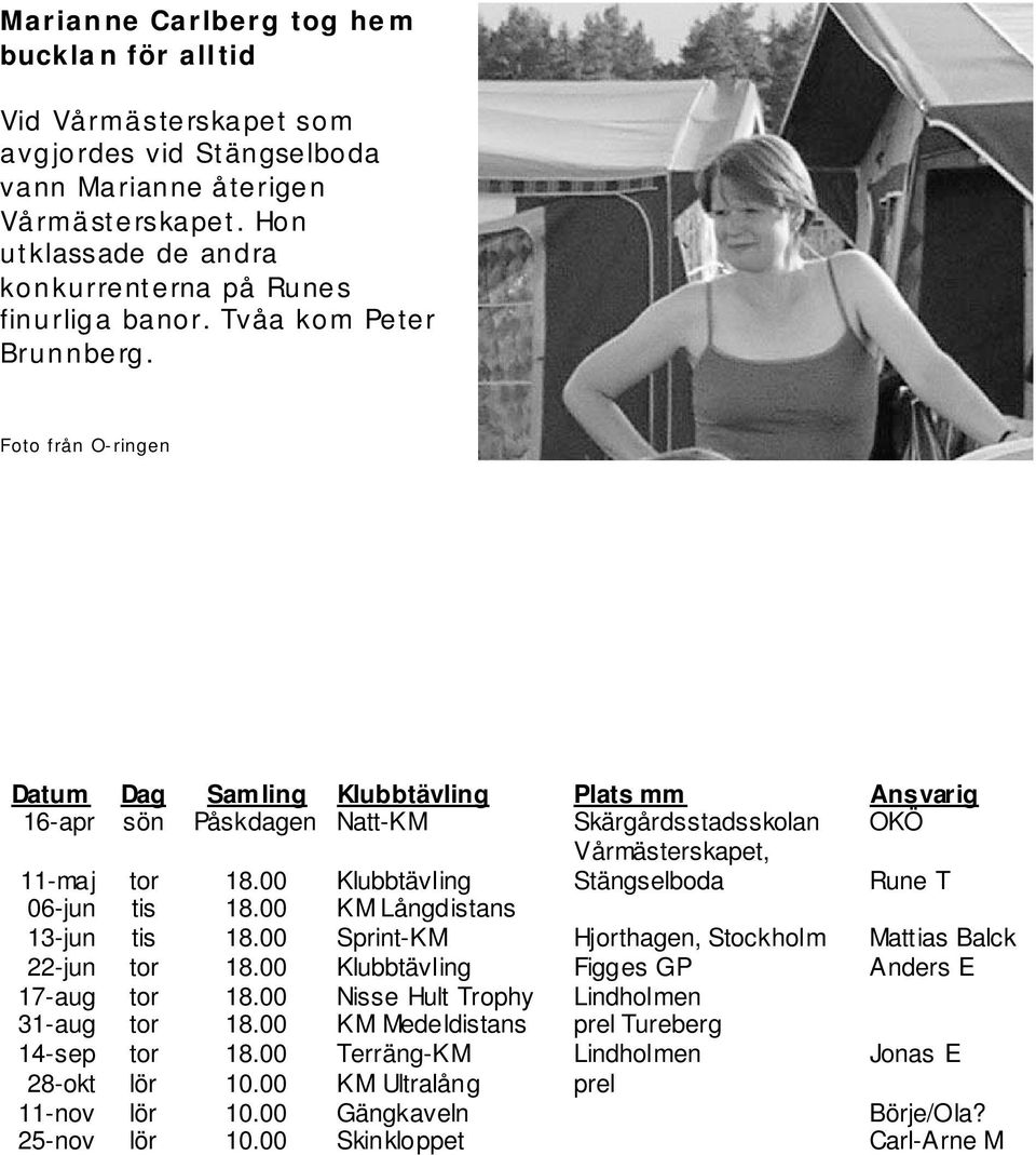 00 Klubbtävling Stängselboda Rune T 06-jun tis 18.00 KM Långdistans 13-jun tis 18.00 Sprint-KM Hjorthagen, Stockholm Mattias Balck 22-jun tor 18.00 Klubbtävling Figges GP Anders E 17-aug tor 18.