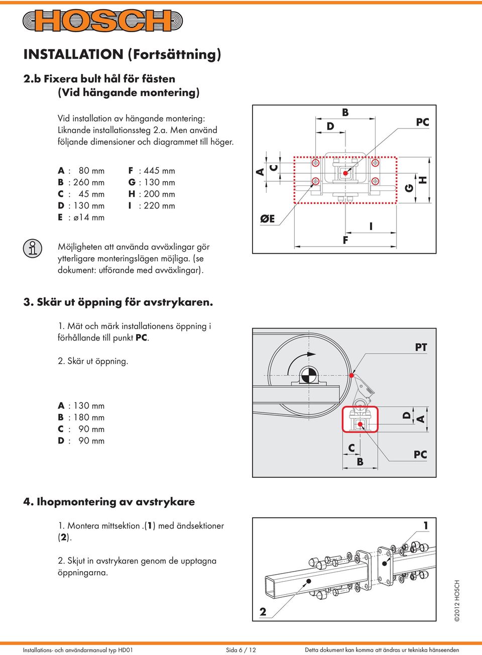 C ØE F I G H 3. Skär ut öppning för avstrykaren. 1. Mät och märk installationens öppning i förhållande till punkt PC. 2. Skär ut öppning. PT C 130 mm 180 mm 90 mm 90 mm C PC 4.