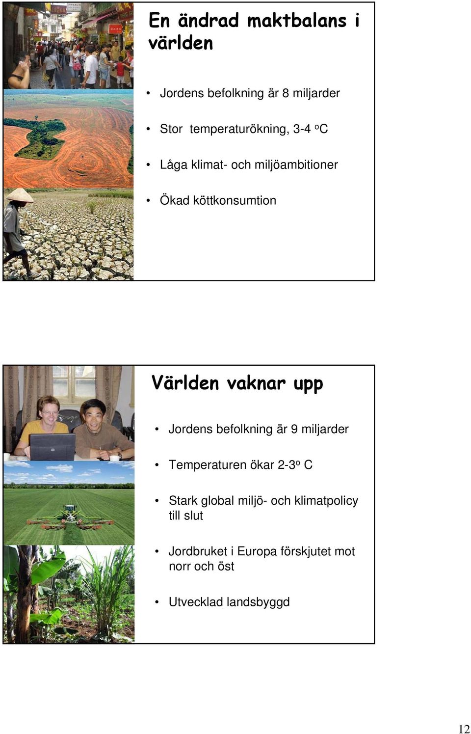 vaknar upp Jordens befolkning är 9 miljarder Temperaturen ökar 2-3 o C Stark global