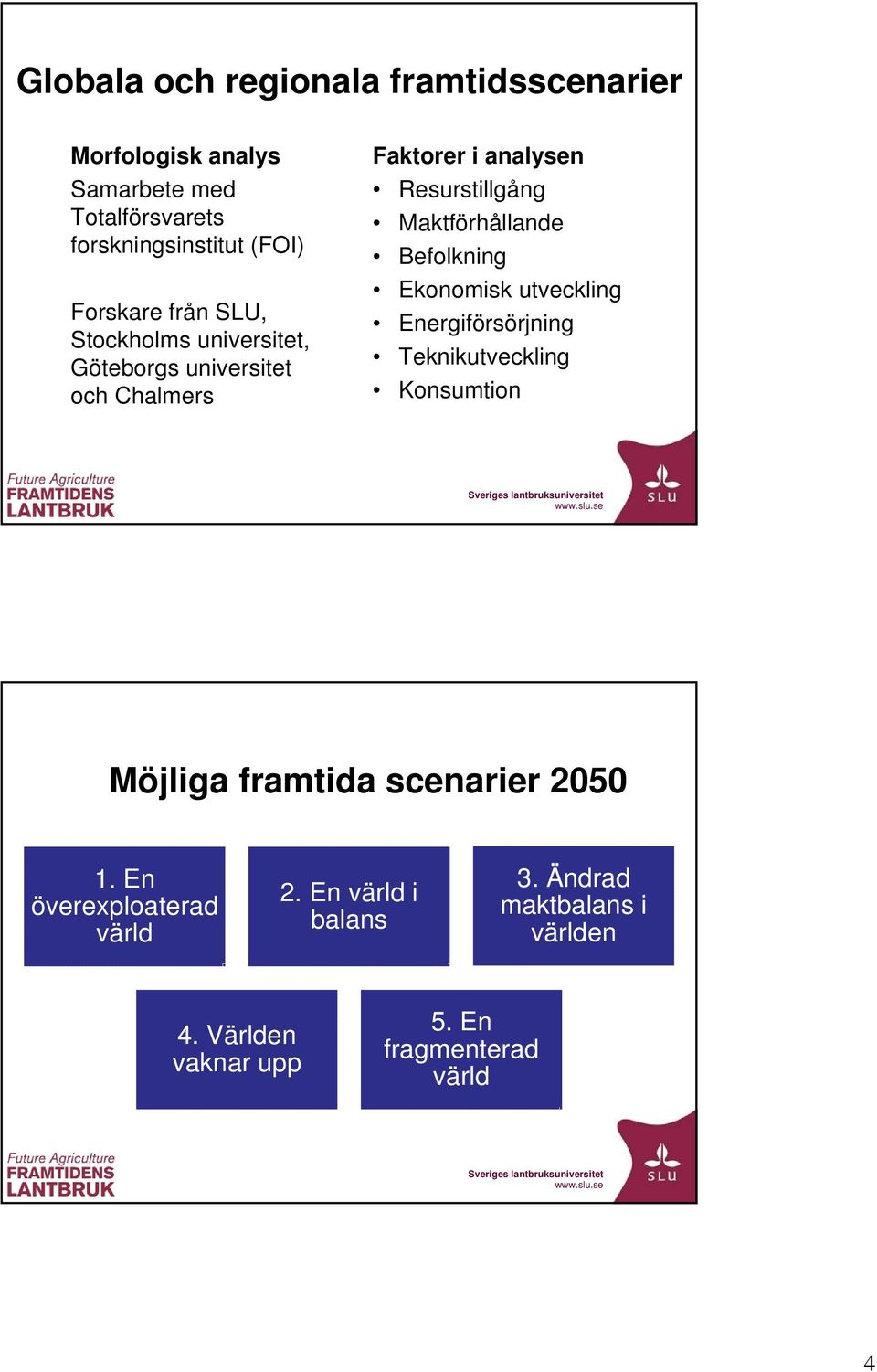 Maktförhållande Befolkning Ekonomisk utveckling Energiförsörjning Teknikutveckling Konsumtion Möjliga framtida scenarier
