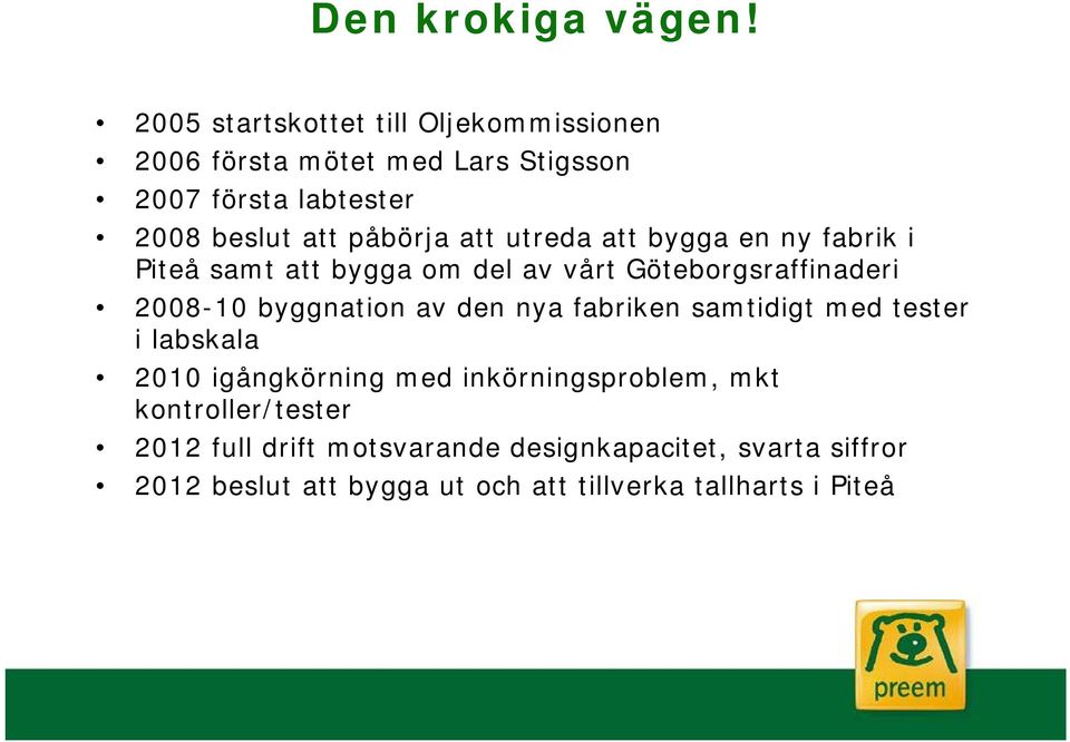 att utreda att bygga en ny fabrik i Piteå samt att bygga om del av vårt Göteborgsraffinaderi 2008-10 byggnation av den