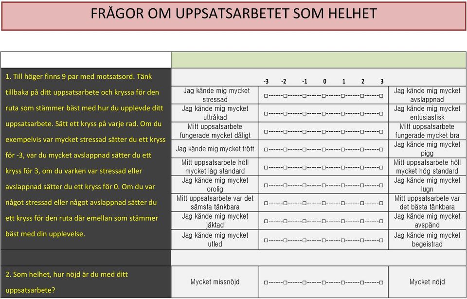 Om du exempelvis var mycket stressad sätter du ett kryss för - 3, var du mycket avslappnad sätter du ett kryss för 3, om du varken var stressad eller avslappnad sätter du ett kryss för 0.