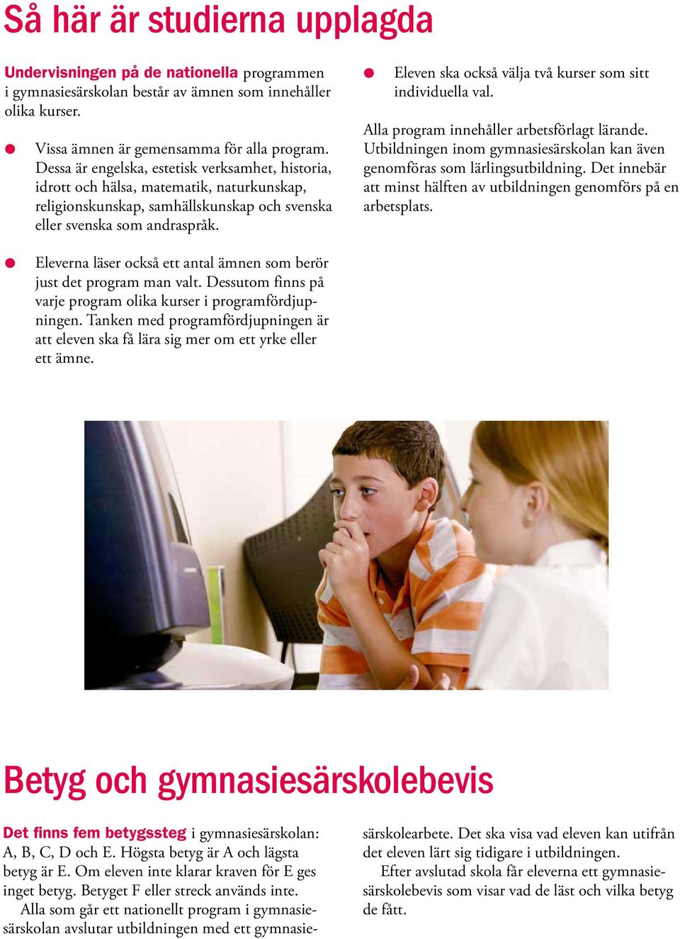 Eleven ska också välja två kurser som sitt individuella val. Alla program innehåller arbetsförlagt lärande. Utbildningen inom gymnasiesärskolan kan även genomföras som lärlingsutbildning.