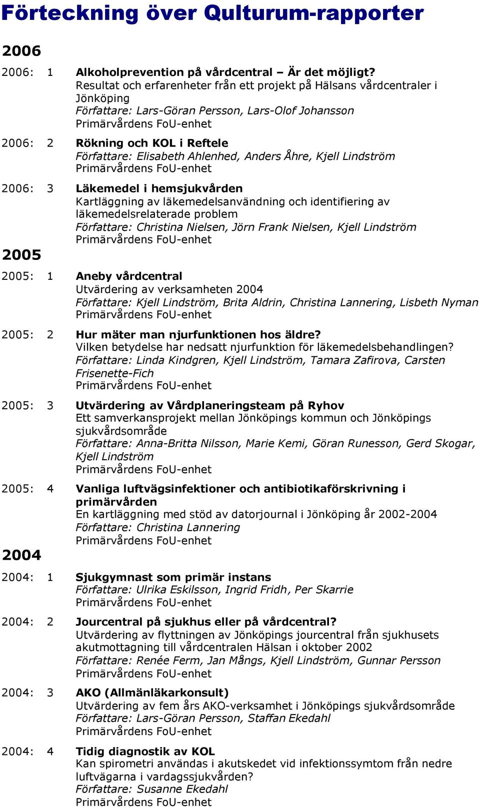 Anders Åhre, Kjell Lindström 2006: 3 Läkemedel i hemsjukvården Kartläggning av läkemedelsanvändning och identifiering av läkemedelsrelaterade problem Författare: Christina Nielsen, Jörn Frank