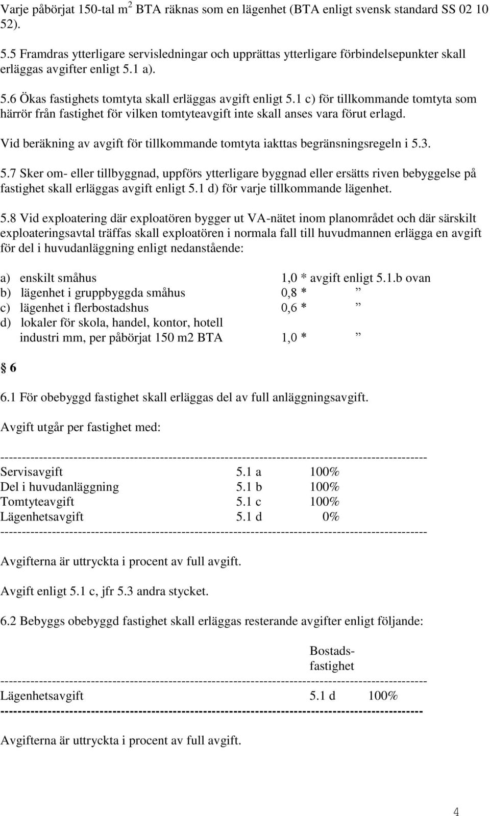 1 c) för tillkommande tomtyta som härrör från fastighet för vilken tomtyteavgift inte skall anses vara förut erlagd. Vid beräkning av avgift för tillkommande tomtyta iakttas begränsningsregeln i 5.3.