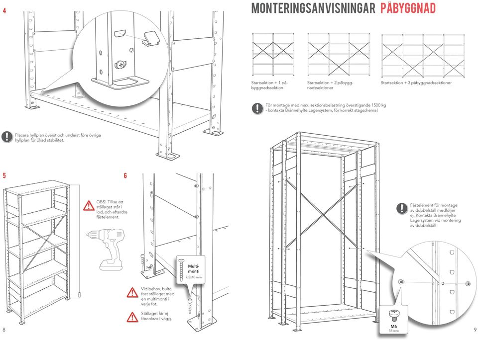 Placera hyllplan överst och underst före övriga hyllplan för ökad stabilitet. 5 6 OBS! Tillse att ställaget står i lod, och efterdra fästelement.