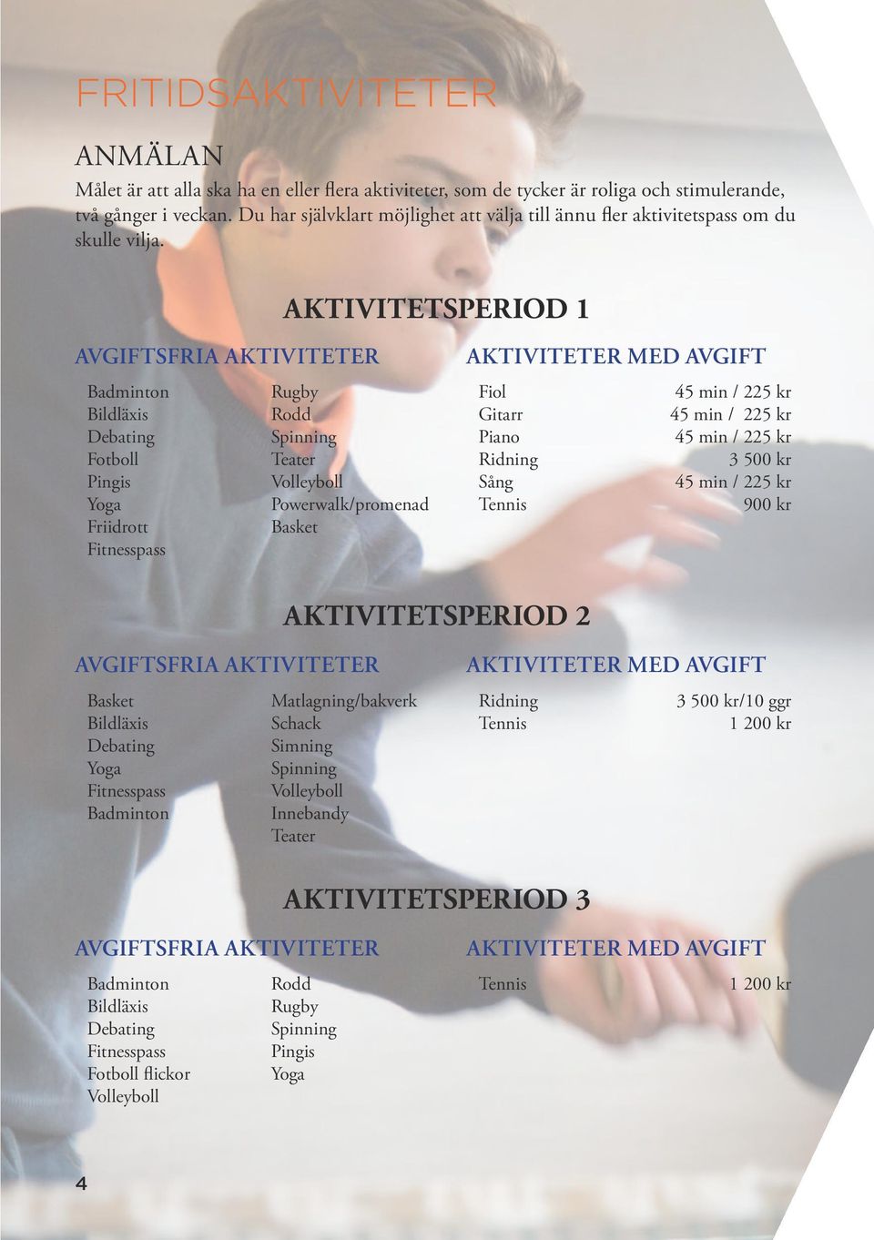 AKTIVITETSPERIOD 1 AVGIFTSFRIA AKTIVITETER Badminton Bildläxis Debating Fotboll Pingis Yoga Friidrott Fitnesspass Rugby Rodd Spinning Teater Volleyboll Powerwalk/promenad Basket AKTIVITETER MED
